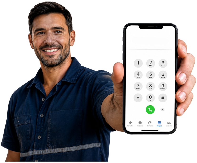 Leichhardt Blocked Drains plumber holding a phone — call 1300 261 965