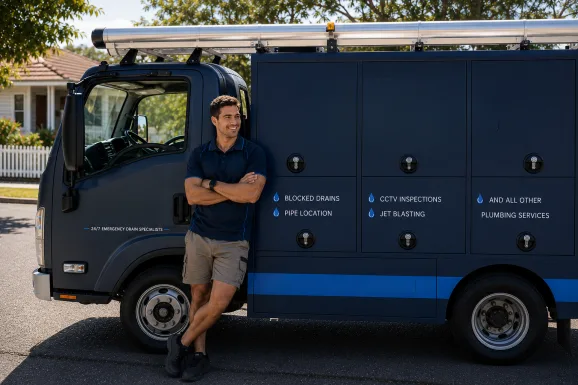 Plumber standing beside a service van in Leichhardt