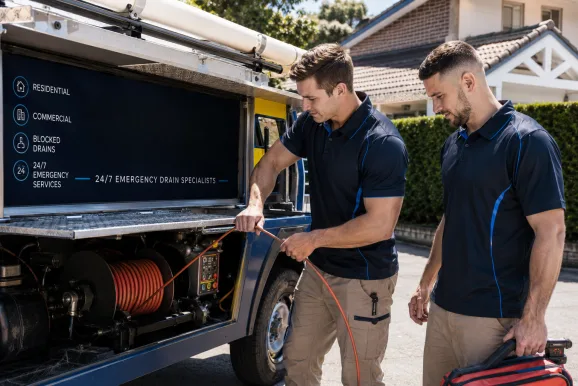 Two plumbers working on a blocked drain in Leichhardt