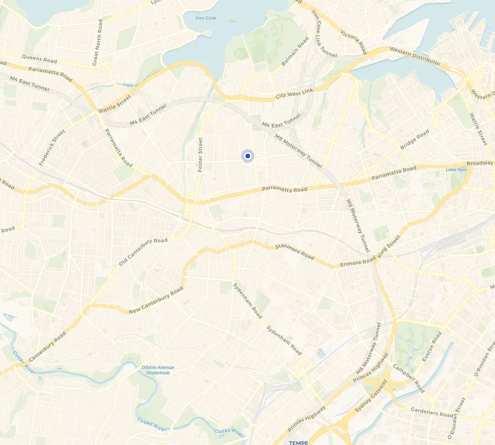 Map of the Leichhardt service area and the surrounding Inner West, showing Leichhardt and the nearby streets we cover.