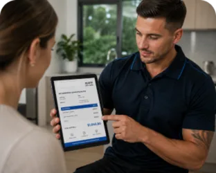 Plumber showing a Leichhardt customer the quote on a tablet