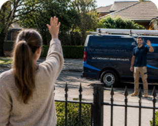 Customer waving goodbye to a Leichhardt Blocked Drains plumber